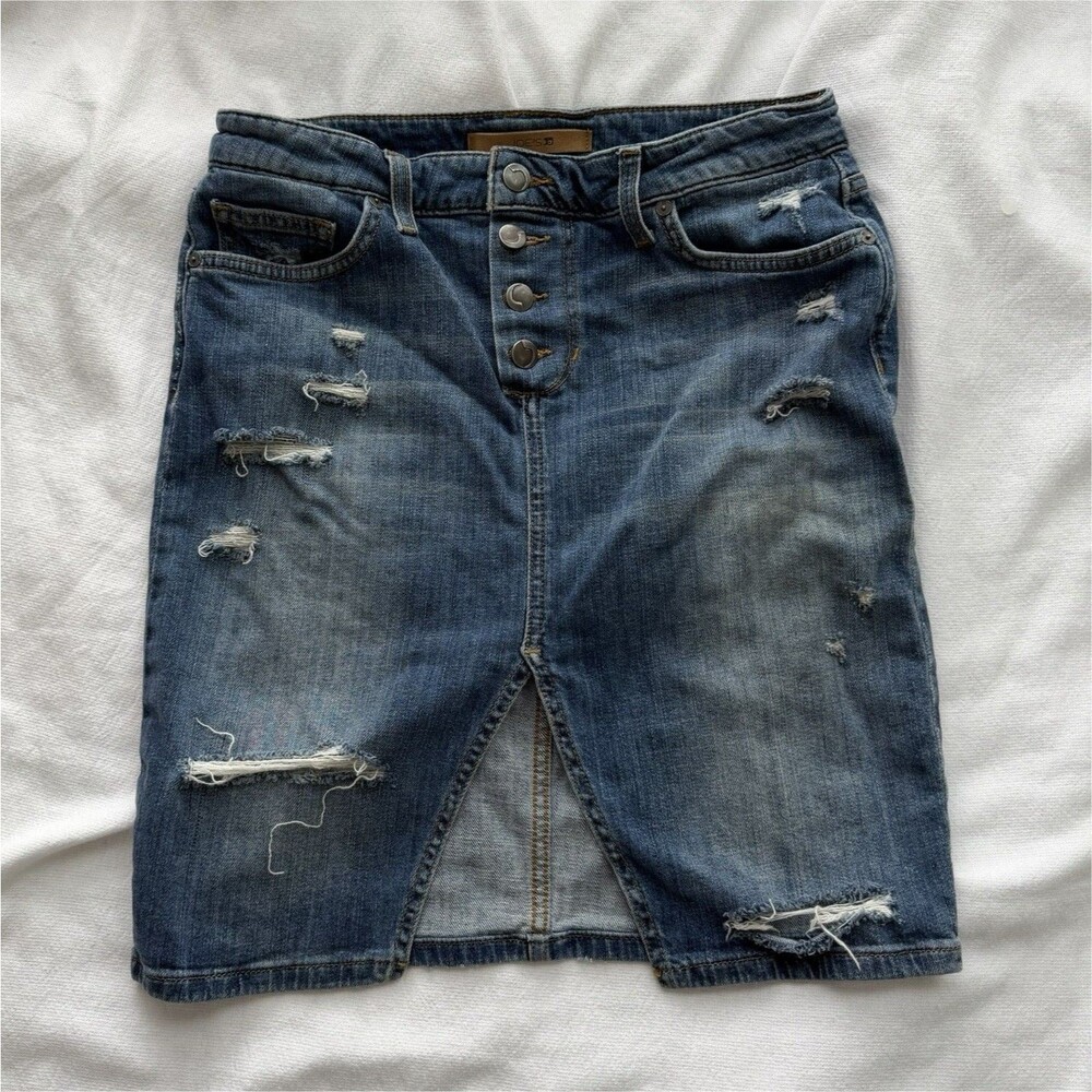 Joe's Jeans Blue Distressed Denim Pencil Skirt Button Fly Pockets Slit 28
